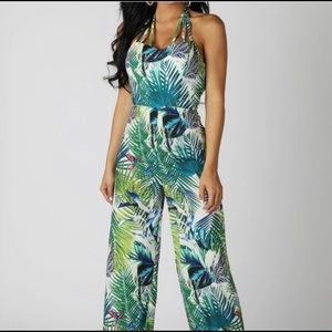 Tropical Palms Halter Wide Leg Jumpsuit